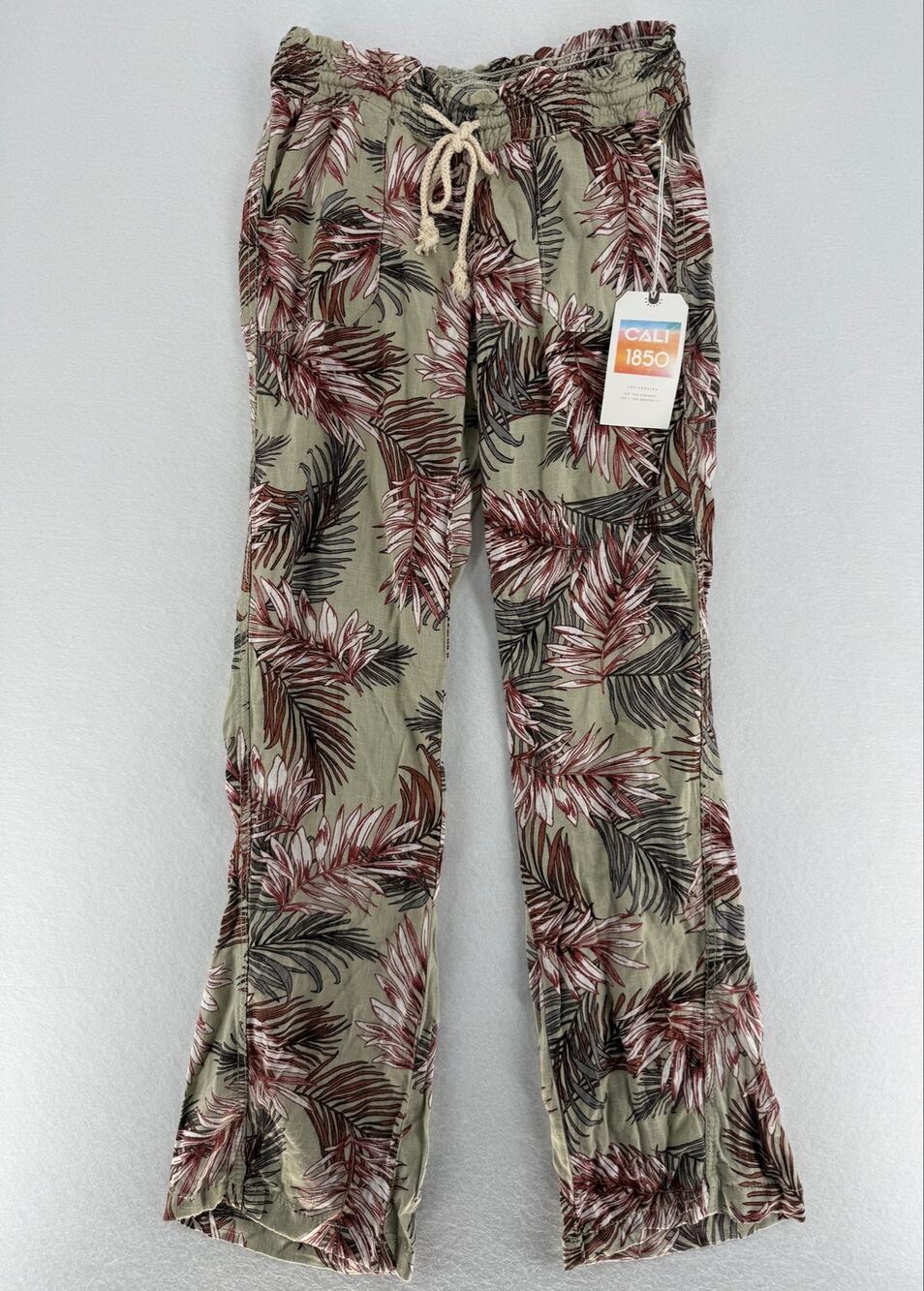 CALI 1850 Womens S Tropical Palm Print Wide Leg Pants Drawstring NWT Flaw
